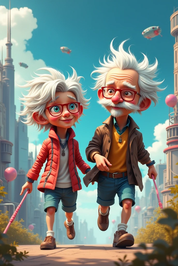 Create two fantastic old characters Ms. Speed and Mr. Acceleration with tranes showing their characteristics and inthe back a fantastic city