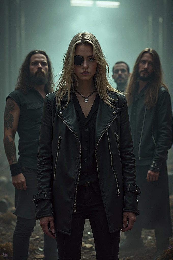Crée une image d'un groupe de métal du nom de "etallic" reprenant la typographie du groupe Metallica en incluant une femme aveugle