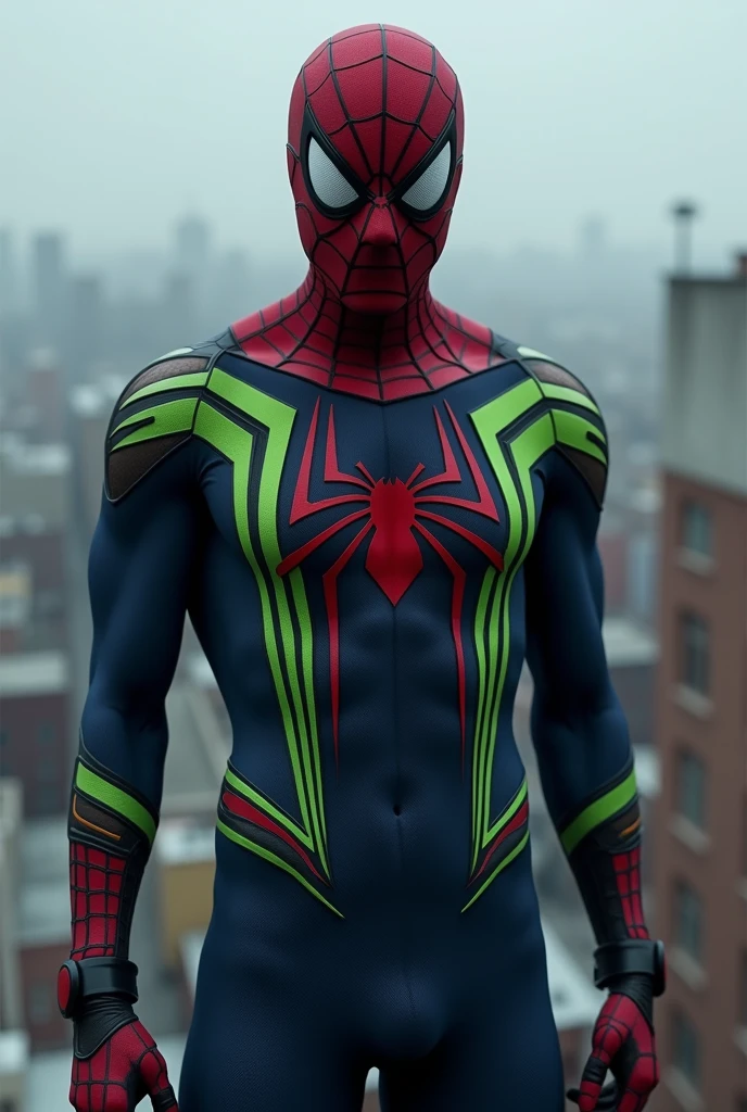 Spiderman with a navy color with green stripes without an spider logo with deep red eyes that covers with a hood on the top of the rooftop
