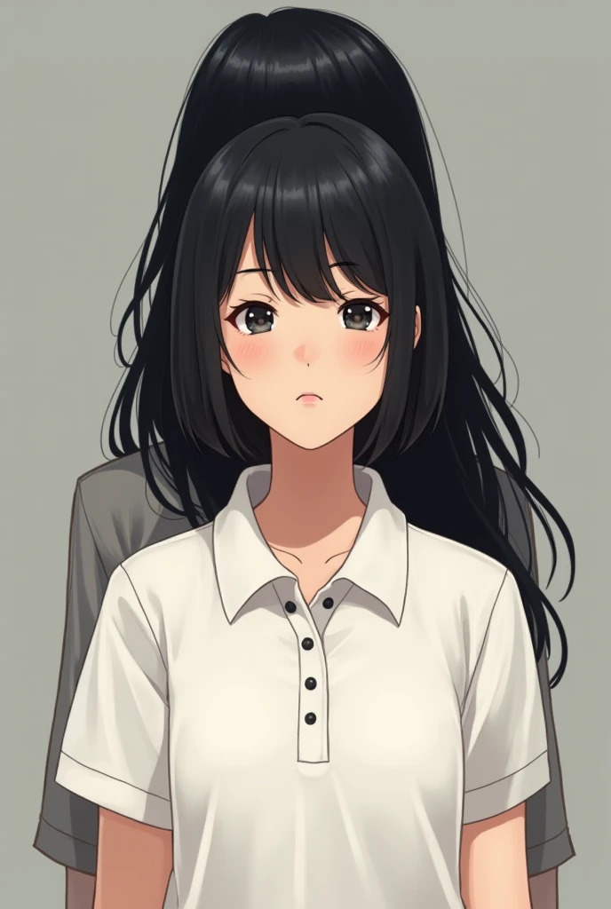 Teenage girl with short black hair wearing a white short sleeve polo shirt.in front of a lady with long black hair 