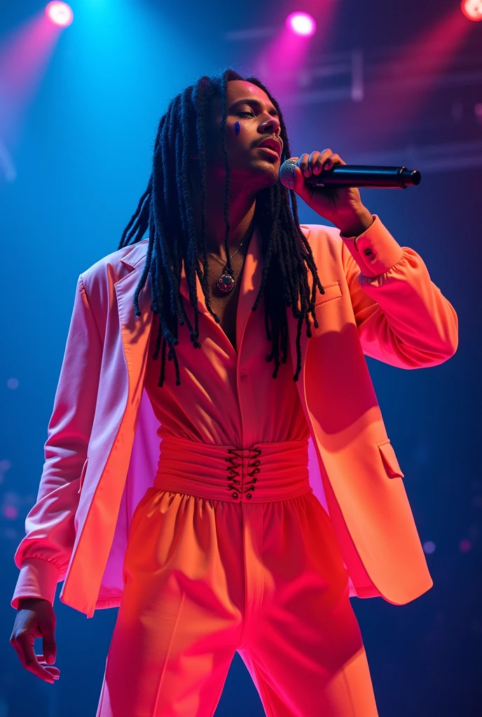 Cantor gay, blacksad. bonitas. He is on stage singing and dancing. He has dark blonde dreadlocks down to his knees., is wearing a neon outfit , open jacket with shirt and pants of the same color. Beautiful and stylish, eyes painted the same color as the clothes, androgynous man Pop Singer style