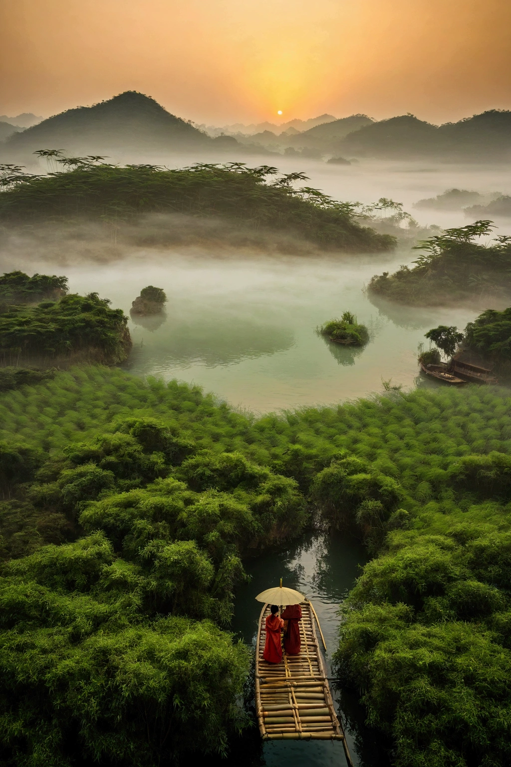 Misty，Sunset through the fog，Aerial view of a 92-degree angle shot of a bamboo raft tied with bamboo，A woman wearing Hanfu on a bamboo raft holds an umbrella in front，There is a boatman behind，Like a Chinese landscape painting, it also looks like a fairyland, as if there is Buddha&#39;s light.，Maximum resolution，All the details can be seen clearly，Cinematic color grading
