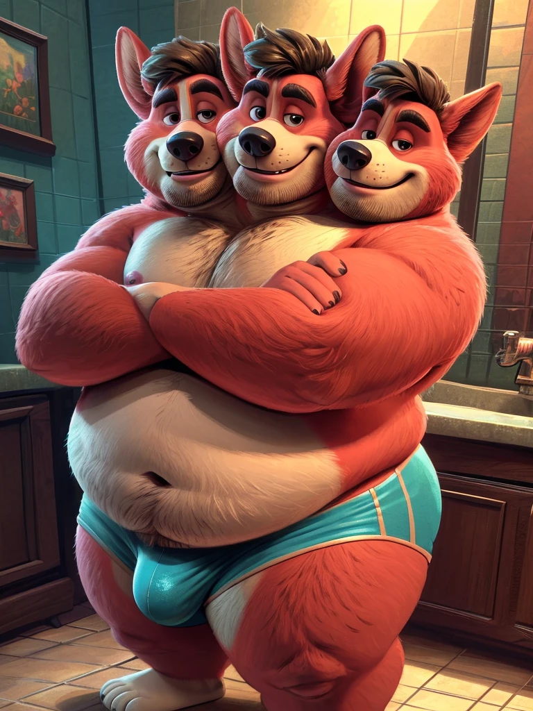 solo, welsh corgi, twins, 60 year old male, coy smiles, three identical heads attached to the same body, welsh corgi ears, bald, red fur, masculine, three necks, eyes, adult, male, (stylized 3d, by disney, by rembrandt), by pixar:1.1, by dramamine, (overweight, fat, obese), stubble, bathroom background, (shirtless, navel, male nipples, underpants, bulge), correct hands, correct anatomy, (ultradetailed, best quality, detailed masterpiece, highly detailed masterpiece, 4k, professional cartoon:1.7), (natural pose, sexy pose, ((arms crossed:1.3))