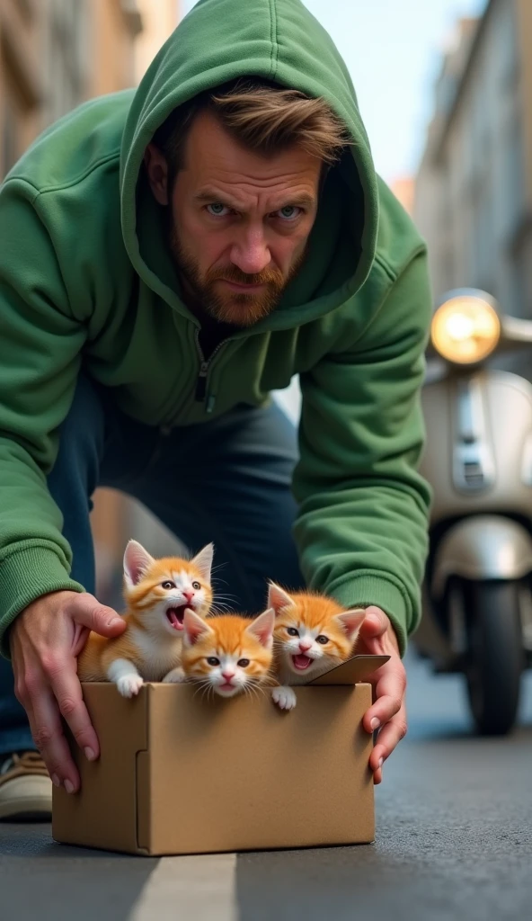 A man wearing a green hoodie in angry expressions putting a box on the road in which there are three red kittens crying, there is scooter standing in the background blurred