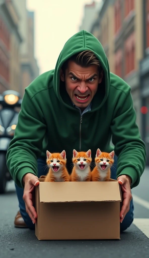 A man wearing a green hoodie in angry expressions putting a box on the road in which there are three red kittens crying, there is scooter standing in the background blurred