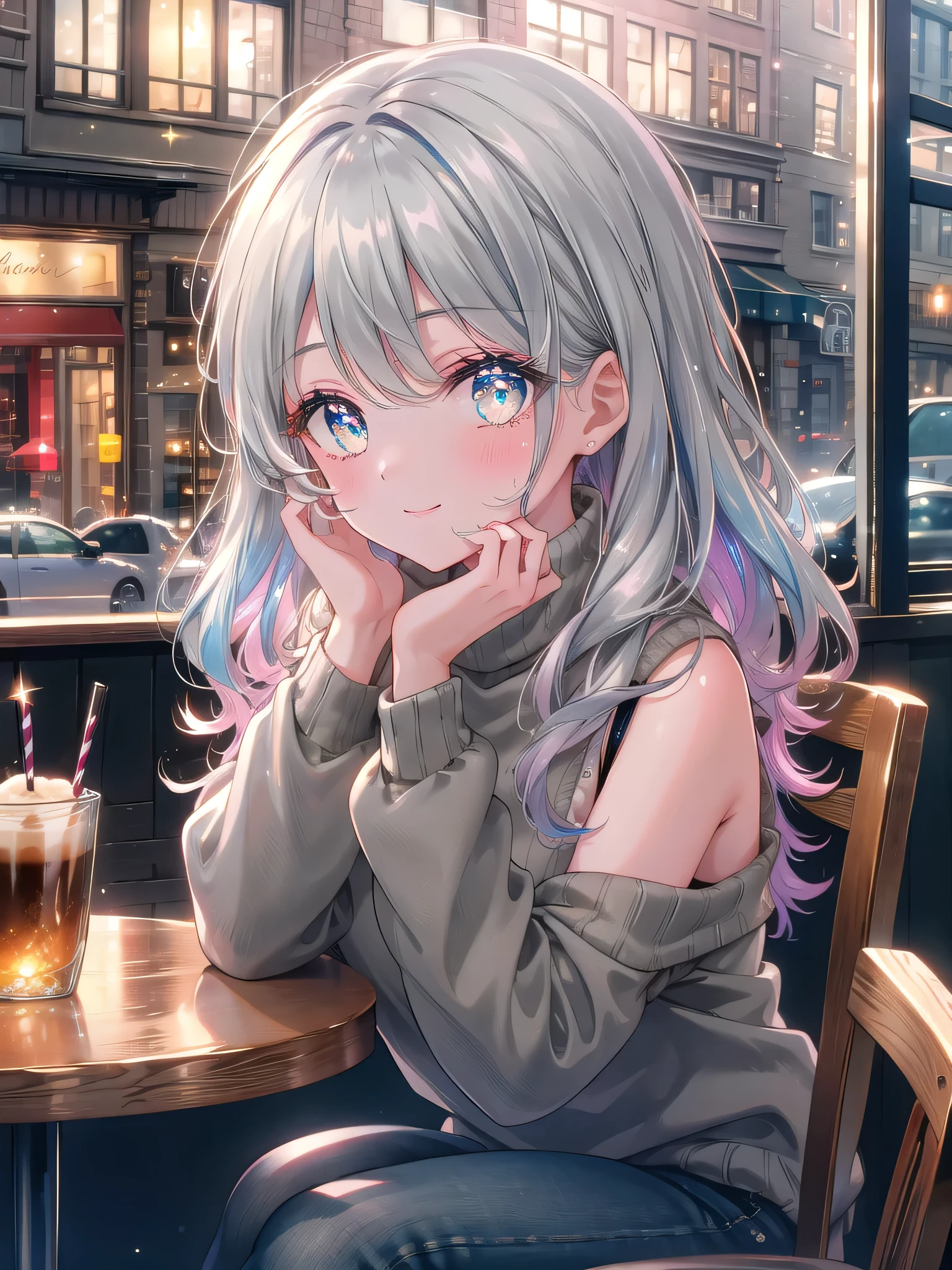 ((8k, Highest quality, masterpiece: 1.3)),Ultra-high resolution,(1 girl, alone), (Color changing eyes, Ultra-detailed, Expressive brilliance, Glitter, Glowing Eyes), Highly detailed eyes, Highly detailed face, Random Hair, ((pastel colour))Coffee Break at the Café
Seated at a small wooden table in a cozy café, the woman leans forward slightly, her chin resting on her hand as she looks directly into the camera with a gentle smile. She’s wearing a light grey turtleneck sweater and dark blue skinny jeans, her hair falling in soft waves around her shoulders. A cup of steaming coffee sits in front of her, and through the large windows behind her, the bustling street outside can be seen, with people passing by and the evening lights beginning to glow.