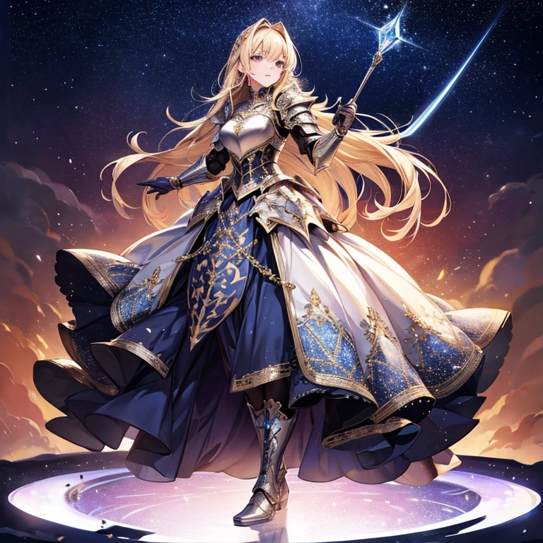 high quality,Adult women, armored dress,Shiny and beautifully decorated armor,Crystal Long Sword,Holding the handle in hand,Long skirt,Metal Long Boots,Blonde,Anatomically correct, Starry sky background
