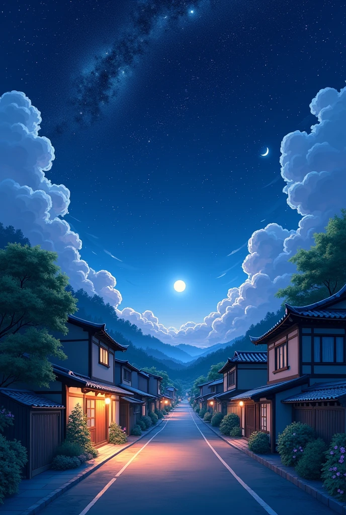 make a picture of Japan old Street view, night sky with Stars , moon , beutiful trees , realistic, Anime , stars in the sky , bright, cotton clouds, multiple stars, old Japanese houses, old traditional small house, million of Stars in sky