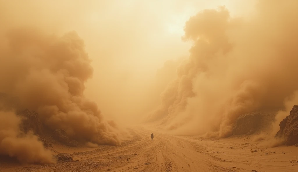 extreme sandstorm due to climate change, it is possible to see a person in the distance, but the focus is on the environment completely taken over by the sand from the storm