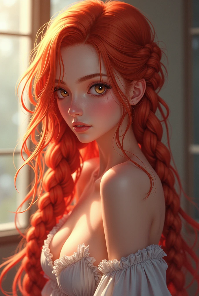 An anime drawing of a beautiful gorgeous sexy woman with redish braided hair