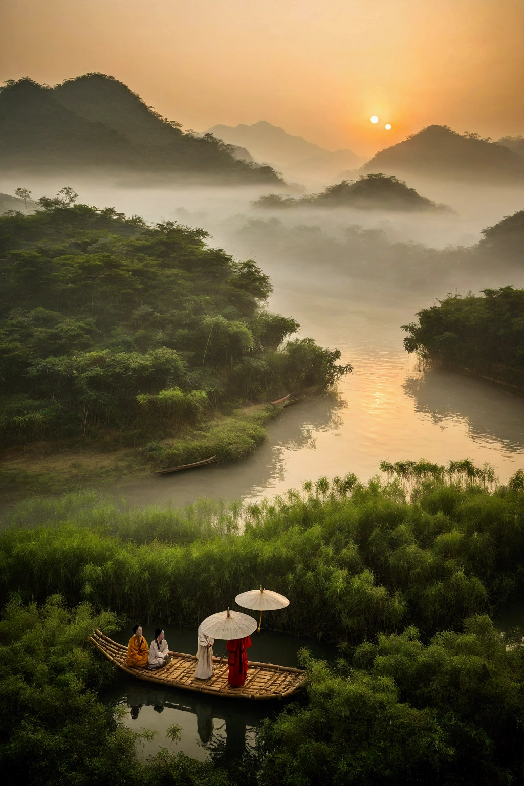 Misty，Sunset through the fog，Aerial view of a 92-degree angle shot of a bamboo raft tied with bamboo，A woman wearing Chinese Hanfu on a bamboo raft holds an umbrella in front，There is a boatman behind，Like a Chinese landscape painting, it also looks like a fairyland, as if there is Buddha&#39;s light.，Maximum resolution，All the details can be seen clearly，Cinematic color grading