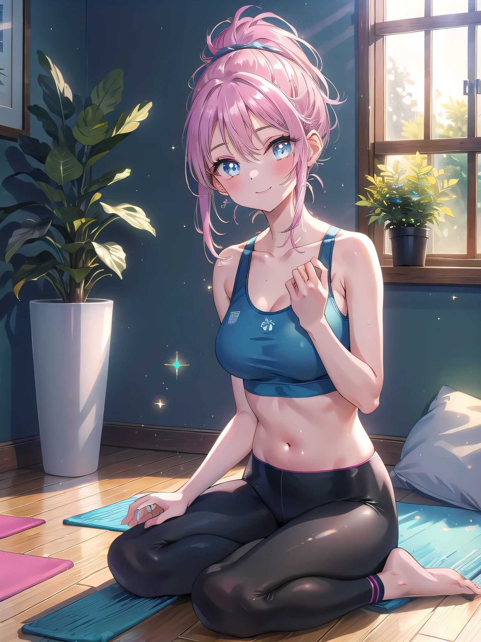 最high quality、best image quality、masterpiece、girl((20-year-old、sexy, By becomin, big bust,、thin,highest valley, fantasy girl, pink hair, blue eyes, yoga intructor, pink yoga pants, doing yoga, big butt, big breasts, barefoot)), high quality、beautiful art、background(yoga dojo))、flight、debris flies、Depth of written boundary、movie、visual art、perfect art、8K,genuine、
