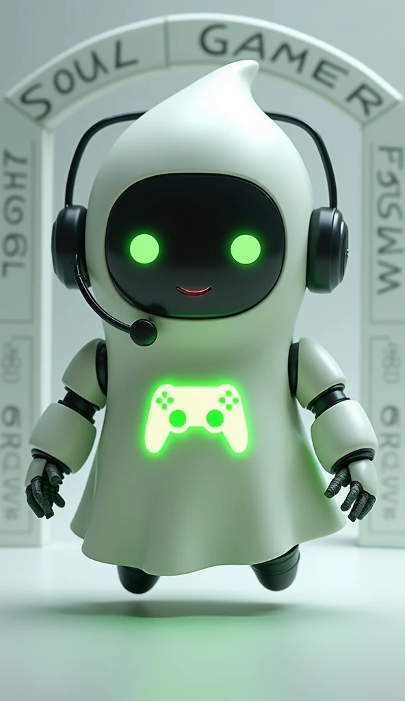 Create a medium-sized robot pet with a ghost-like appearance. With slightly rounded shapes resembling a drop. On your hands you have well defined fingers. His facial expression has large, green eyes with a glow, conveying a friendly and cheerful expression. He has a small open mouth with a happy smile and flushed cheeks.. Its body is white with small green details and a smooth, slightly shiny texture.. He has a headset on his head with an adjustable microphone positioned close to his mouth.. And on his chest you can see the illuminated shape of a Playstation 5 controller in fluorescent green.. It floats in the air, as if he were ready for an adventure. Behind the character you can see a portal and on it is written "Soul Gamer"