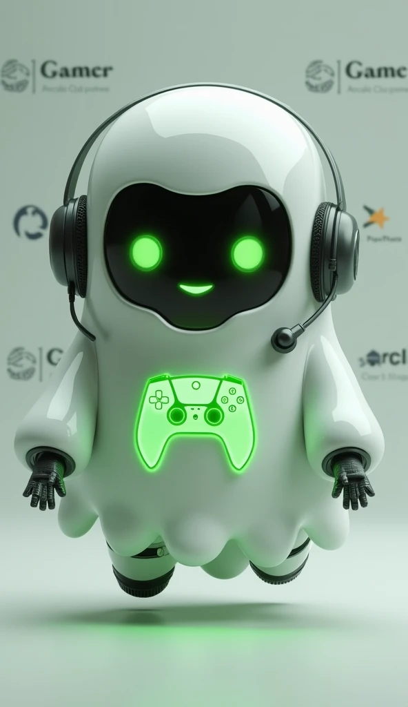 Create a medium-sized robot pet with a ghost-like appearance. With slightly rounded shapes resembling a drop. On your hands you have well defined fingers. His facial expression has large, green eyes with a glow, conveying a friendly and cheerful expression. He has a small open mouth with a happy smile and flushed cheeks.. Its body is white with small green details and a smooth, slightly shiny texture.. He has a headset on his head with an adjustable microphone positioned close to his mouth.. And on his chest you can see the illuminated shape of a Playstation 5 controller in fluorescent green.. It floats in the air, as if he were ready for an adventure. Behind the character you can see a portal and on it is written "Soul Gamer"