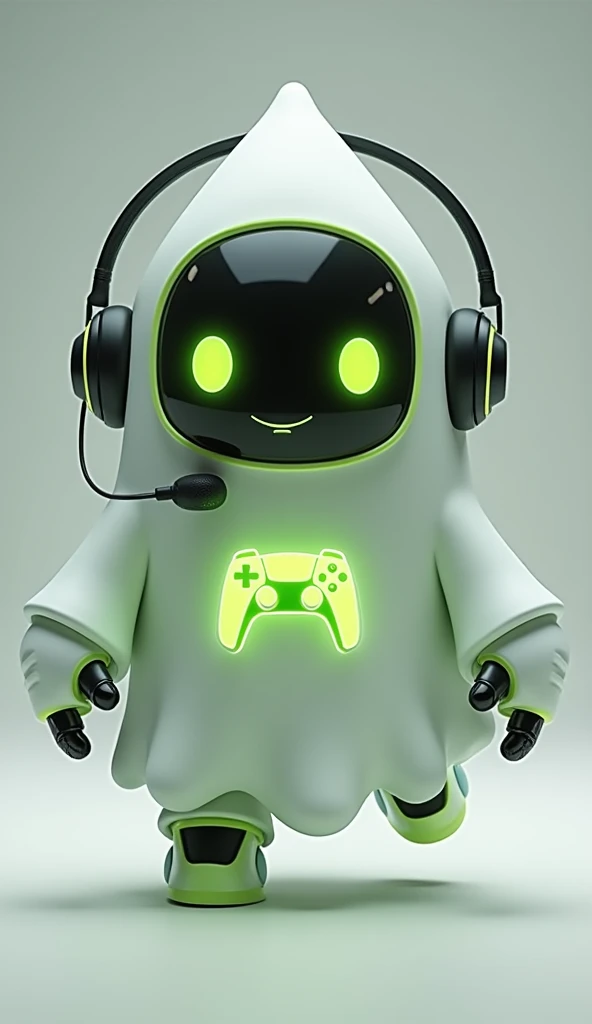 Create a medium-sized robot pet with a ghost-like appearance. With slightly rounded shapes resembling a drop. On your hands you have well defined fingers. His facial expression has large, green eyes with a glow, conveying a friendly and cheerful expression. He has a small open mouth with a happy smile and flushed cheeks.. Its body is white with small green details and a smooth, slightly shiny texture.. He has a headset on his head with an adjustable microphone positioned close to his mouth.. And on his chest you can see the illuminated shape of a Playstation 5 controller in fluorescent green.. It floats in the air, as if he were ready for an adventure. Behind the character you can see a portal and on it is written "Soul Gamer"