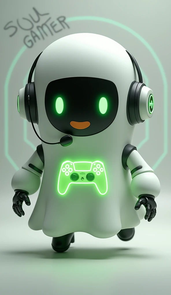 Create a medium-sized robot pet with a ghost-like appearance. With slightly rounded shapes resembling a drop. On your hands you have well defined fingers. His facial expression has large, green eyes with a glow, conveying a friendly and cheerful expression. He has a small open mouth with a happy smile and flushed cheeks.. Its body is white with small green details and a smooth, slightly shiny texture.. He has a headset on his head with an adjustable microphone positioned close to his mouth.. And on his chest you can see the illuminated shape of a Playstation 5 controller in fluorescent green.. It floats in the air, as if he were ready for an adventure. Behind the character you can see a portal and on it is written "Soul Gamer"
