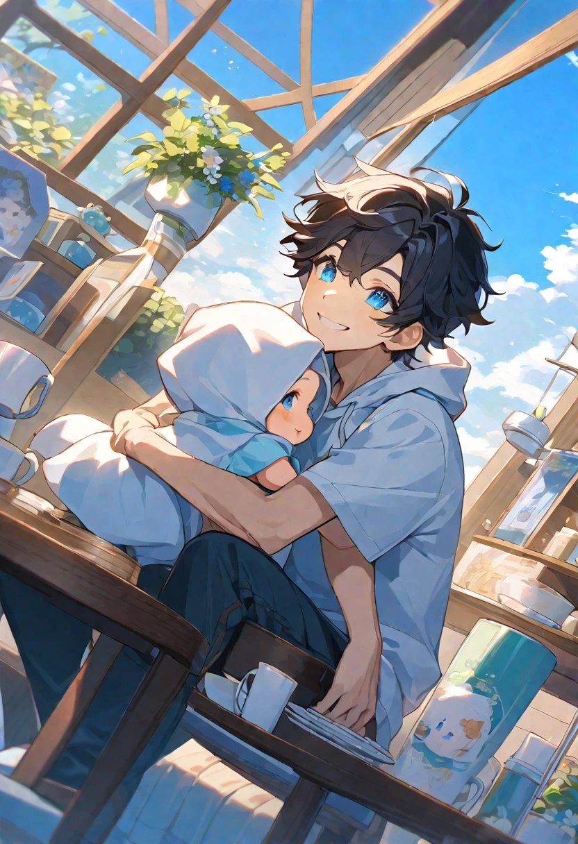 alone, elegant, adult,1 man, (30 year old man) ,Hugging the twins, short hair, black hair, Half and half, blue eyes, details, white shirt, Drink coffee,coffee cup,Coffee table, Hood, The father, Baby, Cute baby, Children's clothing, Two siblings, smile ,,boy, boyอายุ 2 ขวบ , full body, sit, Dynamic angle, black hair, court, 3yo, black hair, daytime, Clear sky, smile, Wearing a white hoodie, blue eyes, The composition should express a blend of innocence., The background should be eye-catching.,boyอายุ 2 ขวบ, full body, sit, Dynamic angle, white hair, court, 3yo, white hair, daytime, Clear sky, smile, Wearing a white hoodie, blue eyes, The composition should express a blend of innocence., The background should be eye-catching.,