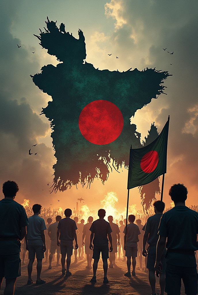 "Depict a vivid battle scene with the map of Bangladesh as the background. On one side, a group of creatures including a wolf, a hyena, a vampire, and other monsters are advancing to destroy a specific target. On the other side, brave students are standing in defense, holding the Bangladesh flag. The scene should convey an atmosphere of full-scale war, showing the intense clash between dark forces and the young defenders, with the map of Bangladesh symbolizing the entire battleground."
