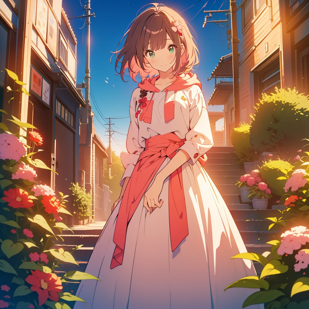 kawaii, anime, Cute, hyper quality, highly detailed, 8k, Clarity, Draw facial expressions in detail, A young girl with short light pink hair and scarlet eyes., Housenka, Impatiens balsamina, troubled face, whole body, put your hand on your chest, patience, A girl with long dark brown hair and green eyes, smile, talk, aggressive, long skirt, hoodie, put your arm around your waist,