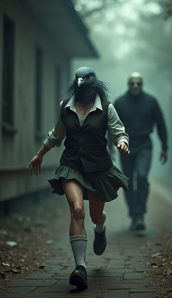 ((Highest quality)), ((masterpiece)), (horror movie posters:1.5), (short-sleeved shirt), (Horror movie title「Jason vs Soraroid」Write:1.8), グレーの女性のハトがオフホワイトで襟付きのshort-sleeved shirtに薄茶色のベストを着てひざ丈の黒いスカートに濃い緑の靴下と黒の靴を履いている, Female Pigeon vs Jason, Running from a bloody Jason, Muscular grey female pigeon、Photorealistic images,