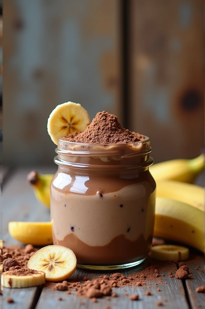 pudding with chocolate banana smoothie in a glass jar on the old wooden background