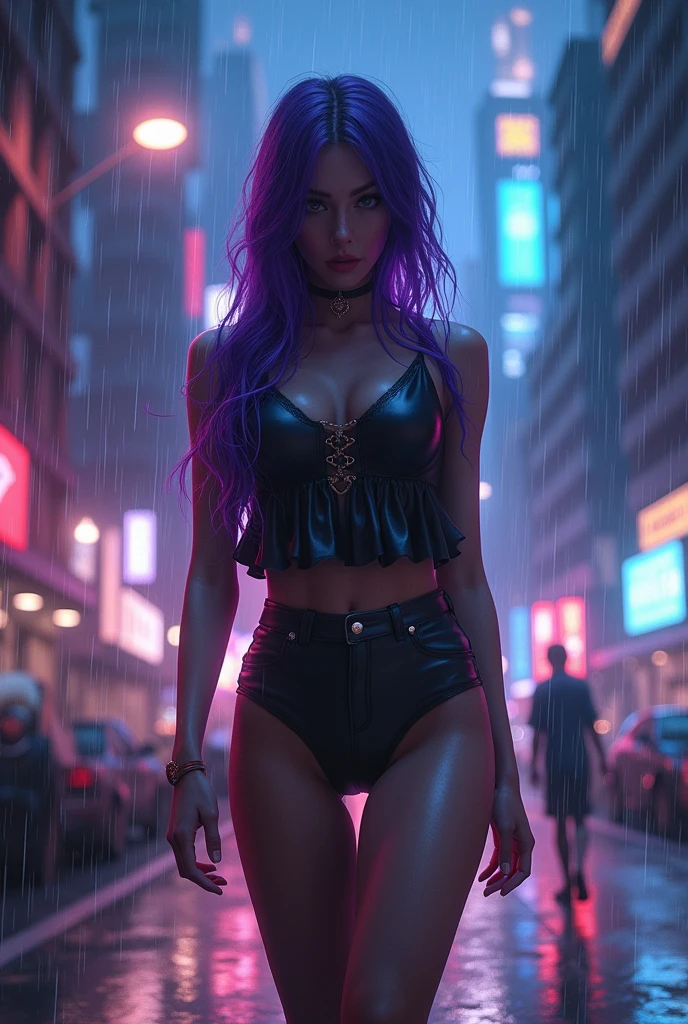 (1girl), masterpiece, photorealistic, 8k, (realistic: 1.2), full body, looking at viewer, pantyhose, purple hair, (kafka: 1.2), walking, beauty, (medium breasts: 1.2) night, night sky, city, cityscape, rain, (dramatic: 1.2)