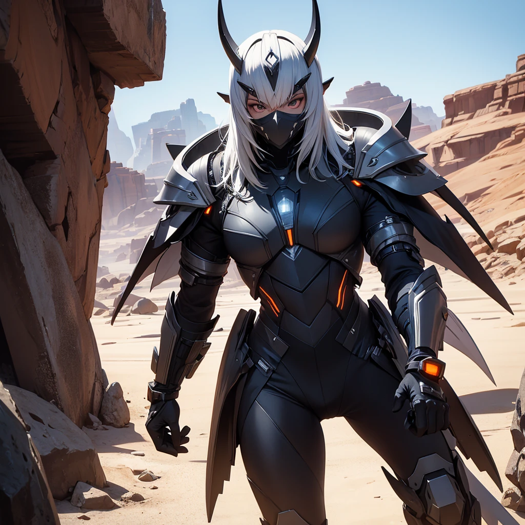 Make character alone. futurist. black futuristic armor. besides having futuristic horns. It should be in a desert setting.