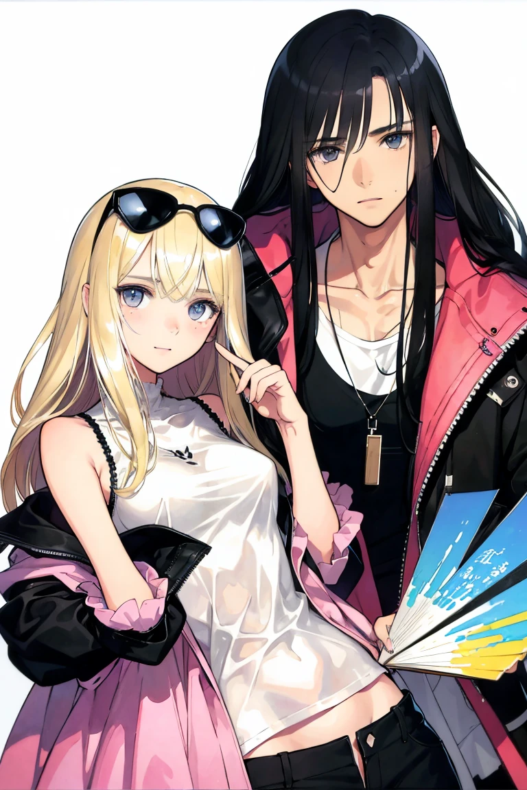 man and woman, couple, love, mature, a cat woman, she has freckles, she has dark brown eyes and an upturned nose, she is happy and smiling, she has long wavy hair, black hair, she is wearing aviator sunglasses with clear lenses in a soft watercolor style. The girl's clothes must be pink, purple, and blue in celebration of the bisexual, with stains of ink and watercolor mixing and filling the scene. he has blonde hair, he is handsome, he is slim. There should be a subtle, nuanced change in colors using the impasto technique with gouache paint. There should be a light rain in the watercolor painting with a little watercolor paper texture and a pastel background.