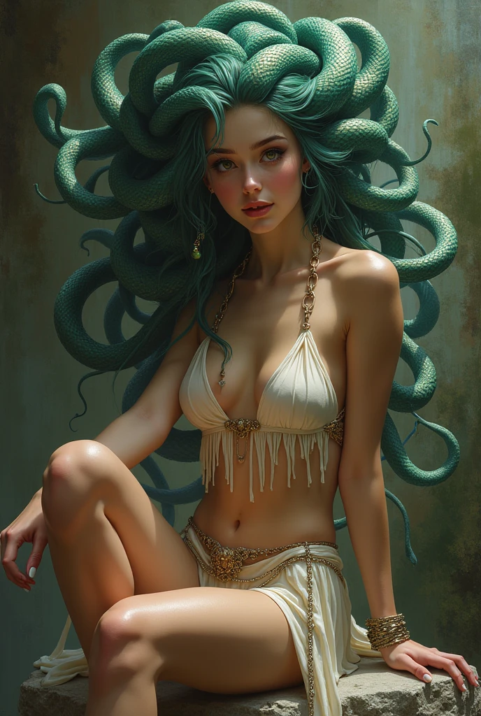 This artwork should be hyper-realistic, capturing every detail with stunning clarity, Imagine a brunette Medusa in her teens, with a slender and toned physique, Hints of muscle definition can peek through, suggesting her sexiness and agility, Clad in minimal attire that hints at her forbidden beauty, Think flowing silks draped strategically or intricately crafted jewelry that adorns her body in a captivating way, The outfit should be  and alluring and overly revealing, Pay close attention to the pose - perhaps she sits regally on a throne-like rock, one hand leans forward with a playful tilt of her head, drawing the viewer in, This Medusa possesses an ethereal beauty, with flawless features and captivating eyes that shimmer with an air of mystery and allure, Her expression should be one of captivating confidence, with a hint of a playful smirk or a mesmerizing gaze that draws attention being overtly , Capture the subtle differences in texture between her human-like skin and the cascading snakes that make up her hair, Let the pose and  clothing hint at her sensuality , being overly revealing, Emphasize the unique Medusa features, such as the vibrant snakes that writhe around her head, focusing on their beauty and mesmerizing movements and a scary aspect, Consider incorporating elements of her environment, like a lush, overgrown temple, This artwork should exude an air of captivating beauty and alluring danger,The Medusa is aware of her power and holds a captivating presence that both attracts and intrigues.
