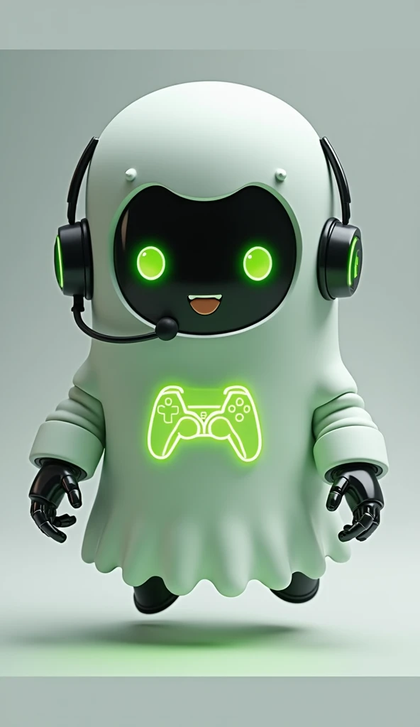 Create a medium-sized robot pet with a ghost-like appearance. With slightly rounded shapes resembling a drop. On your hands you have well defined fingers. His facial expression has large, green eyes with a glow, conveying a friendly and cheerful expression. He has a small open mouth with a happy smile and flushed cheeks.. Its body is white with small green details and a smooth, slightly shiny texture.. He has a headset on his head with an adjustable microphone positioned close to his mouth.. And on his chest you can see the illuminated shape of a Playstation 5 controller in fluorescent green.. It floats in the air, as if he were ready for an adventure. Behind the character you can see a portal and on it is written "Soul Gamer"