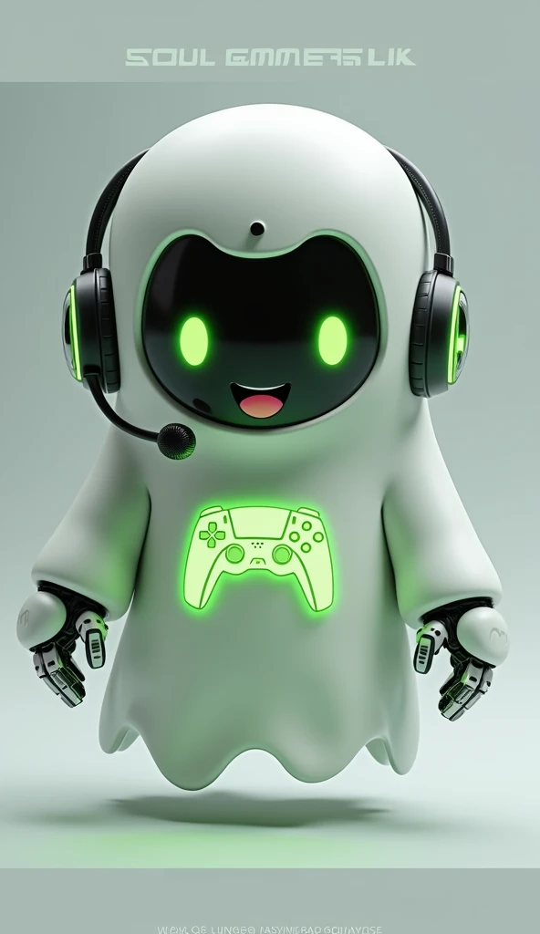 Create a medium-sized robot pet with a ghost-like appearance. With slightly rounded shapes resembling a drop. On your hands you have well defined fingers. His facial expression has large, green eyes with a glow, conveying a friendly and cheerful expression. He has a small open mouth with a happy smile and flushed cheeks.. Its body is white with small green details and a smooth, slightly shiny texture.. He has a headset on his head with an adjustable microphone positioned close to his mouth.. And on his chest you can see the illuminated shape of a Playstation 5 controller in fluorescent green.. It floats in the air, as if he were ready for an adventure. Behind the character you can see a portal and on it is written "Soul Gamer"