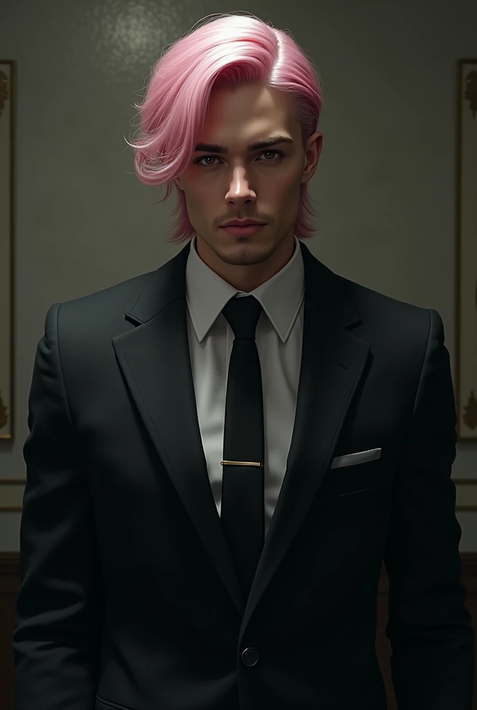 Mafia man in black suit, significant face, Alter 20 , hazel eyes, pink lips , pastel pink hair  , no beard , still looks young 