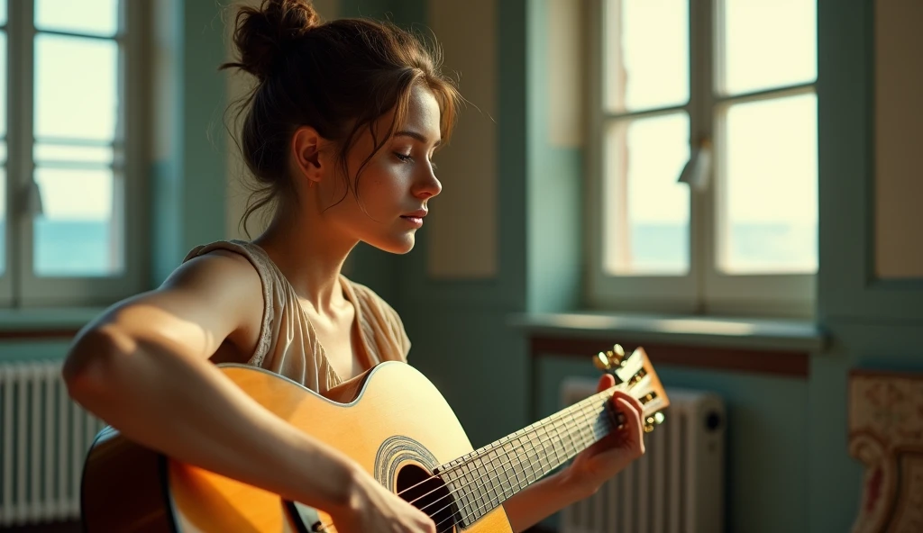 ((best quality)), ((masterpiece)), (detail), perfect face, panoramic photo of a young europe woman playing guitar in a vintage house next by windows, woman with V-line face and blue eyes, clear face, clear guitar, Latin style surreal photo, 8k, ultra high resolution, sharp face