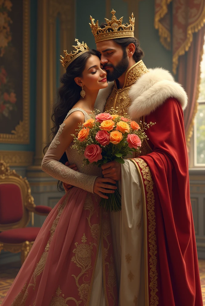 The queen gives him a reunion hug, the king takes flowers from him