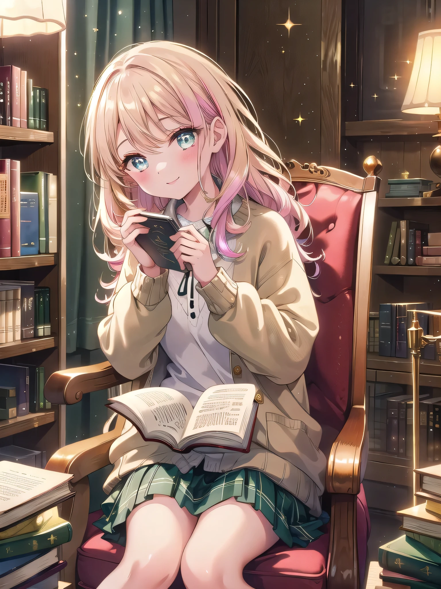 ((8k, Highest quality, masterpiece: 1.3)),Ultra-high resolution,(1 girl, alone), (Color changing eyes, Ultra-detailed, Expressive brilliance, Glitter, Glowing Eyes), Highly detailed eyes, Highly detailed face, Random Hair, ((pastel colour))Evening at the Library
In a quiet corner of a cozy, wood-paneled library, the woman sits in a comfortable armchair, a book open on her lap. She’s wearing a soft, cream-colored sweater and dark green plaid skirt, her legs crossed as she leans back into the chair. Her hair is tucked behind her ears, and she looks up from the book to smile at the camera, her eyes reflecting the warm, golden light from the nearby lamp. The shelves behind her are filled with books, creating a peaceful, intellectual atmosphere.