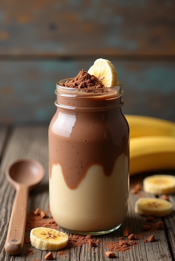 pudding with chocolate banana smoothie in a glass jar on the old wooden background