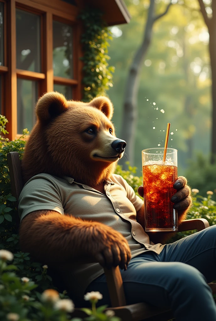 Brown Bear, 1man, man relaxing with a brown bear, cottage in the forest, large glass of cola in each hand, brown bear drinking cola,