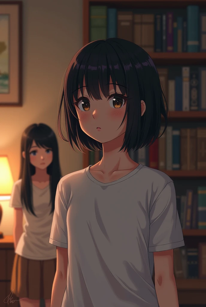 Teenage girl with short black hair wearing a white short sleeve polo shirt.Talking to a lady with long black hair in the background of a room
