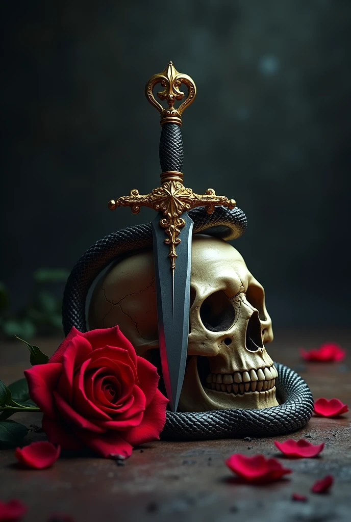 An image that works in one, a small golden dagger, A snake, a skull and the snake surrounds them along with the rose
