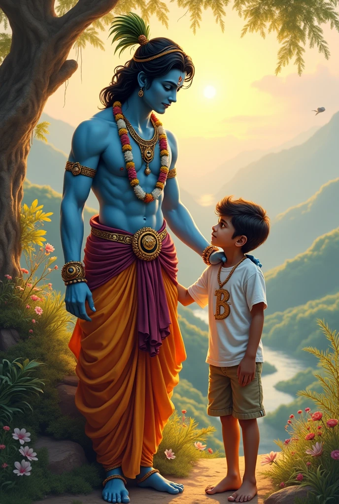 Generate a image of lord shri krishna with a boy having alphabet B on his tshirt