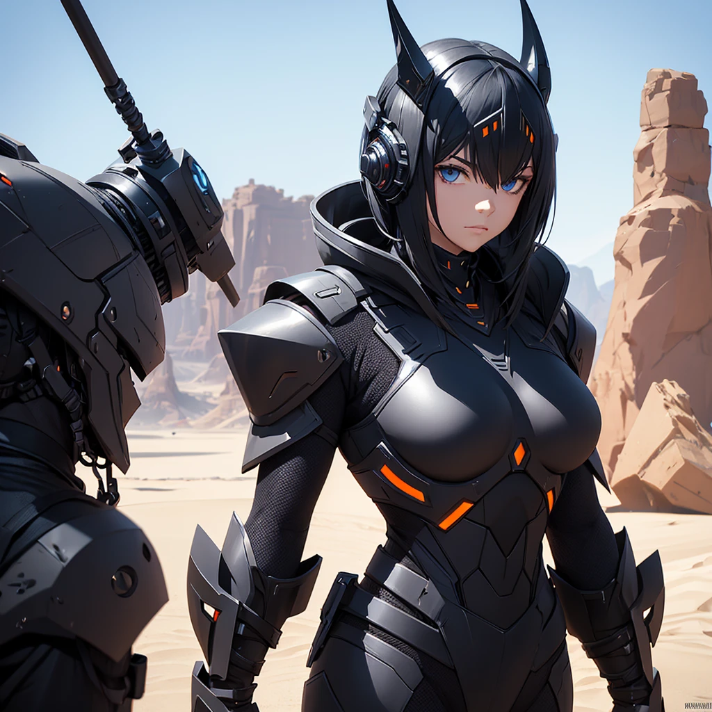 Make character alone. futurist. black futuristic armor. besides having futuristic horns. It should be in a desert setting. do it yourself