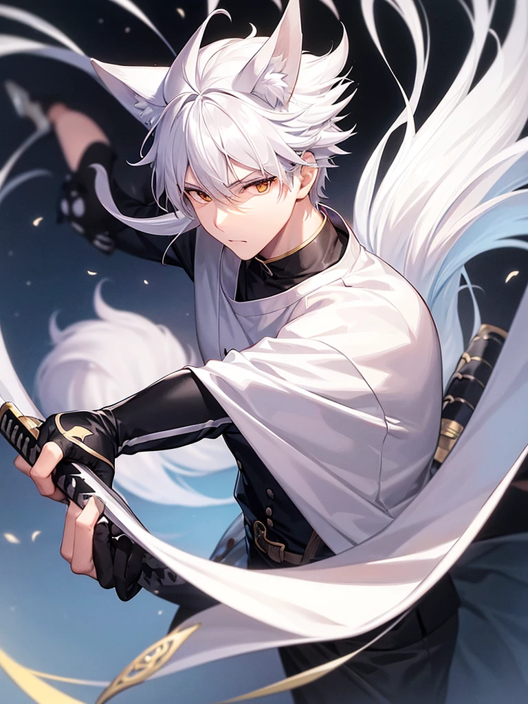 A man, He has a katana, Wear white clothes, He wears a kitsune mask, Her hair is white, His shoes are black, His gloves are black, It has only one fluffy tail, You can&#39;t see his skin, you can&#39;t see his face, Whole body.