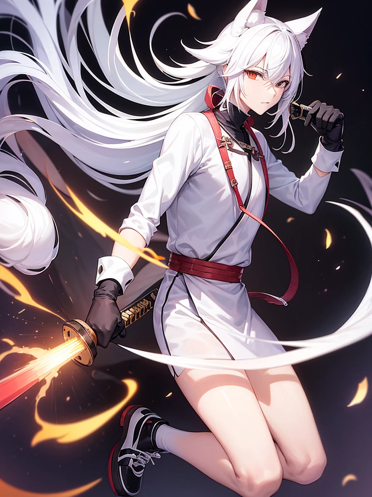 A man, He has a katana, Wear white clothes, He wears a kitsune mask, Her hair is white, His shoes are black, His gloves are black, It has only one fluffy tail, You can't see his skin, you can't see his face, Whole body.