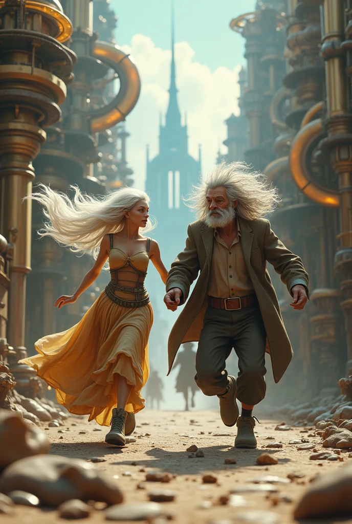 Create two fantastic old characters Ms. Speed elegant and Mr. Acceleration with tranes showing their characteristics and inthe back a fantastic city