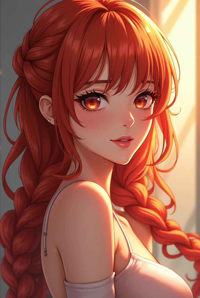 An anime drawing of a beautiful gorgeous sexy woman with redish braided hair