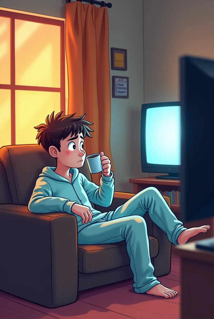 Use a humorous image of a teenager sitting on the couch, in pajamas, with a cup of coffee, watching TV, with a caption like "I forgot it was his birthday... again!"
