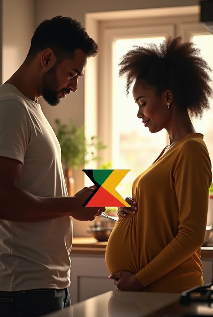 

Create a realistic picture put a ZimVitals logo, with the Z having Zimbabwean flag colours green, yellow, red and black colour and   of a black couple, the wife is pregnant and the husband is cooking in the kitchen. Make the couple's age around 30 years both. 