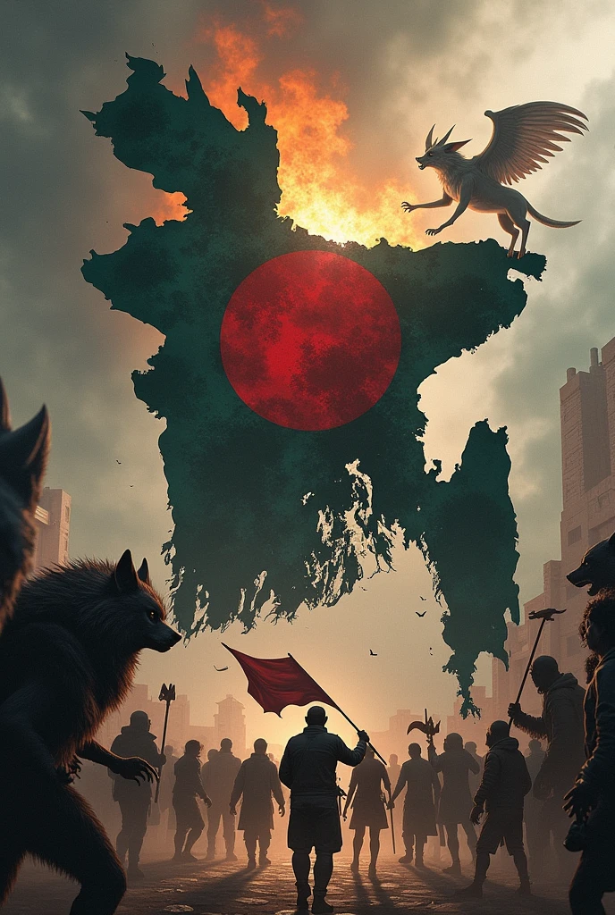 "Depict a vivid battle scene with the map of Bangladesh as the background. On one side, a group of creatures including a wolf, a hyena, a vampire, and other monsters are advancing to destroy a specific target. On the other side, brave students are standing in defense, holding the Bangladesh flag. The scene should convey an atmosphere of full-scale war, showing the intense clash between dark forces and the young defenders, with the map of Bangladesh symbolizing the entire battleground."