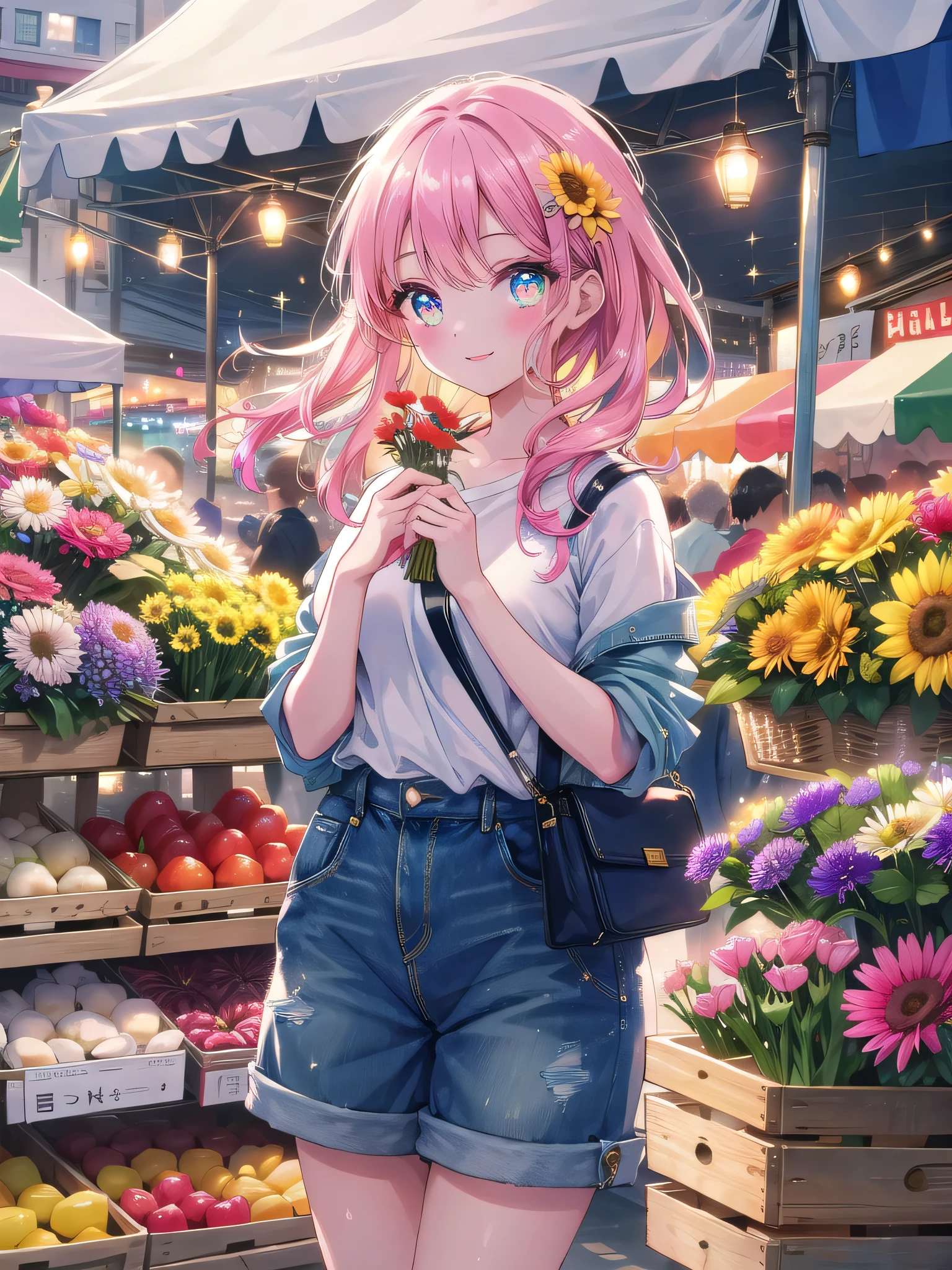 ((8k, Highest quality, masterpiece: 1.3)),Ultra-high resolution,(1 girl, alone), (Color changing eyes, Ultra-detailed, Expressive brilliance, Glitter, Glowing Eyes), Highly detailed eyes, Highly detailed face, Random Hair, ((pastel colour))Shopping at the Market
In the bustling atmosphere of an outdoor market, the woman is browsing a stall filled with fresh flowers. She’s wearing a casual denim jacket over a white t-shirt and high-waisted shorts, with a crossbody bag slung over her shoulder. Her hair is down, catching the light as she turns to smile at the camera. The market is alive with colors and activity, with people moving around and the scent of fresh produce and flowers in the air.

