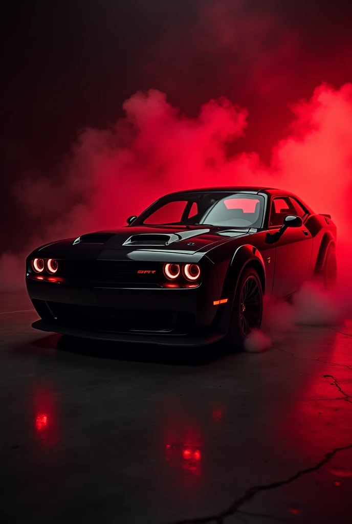 Dodge Challenger SRT hellcat red eye black colour with dark background red light with fume